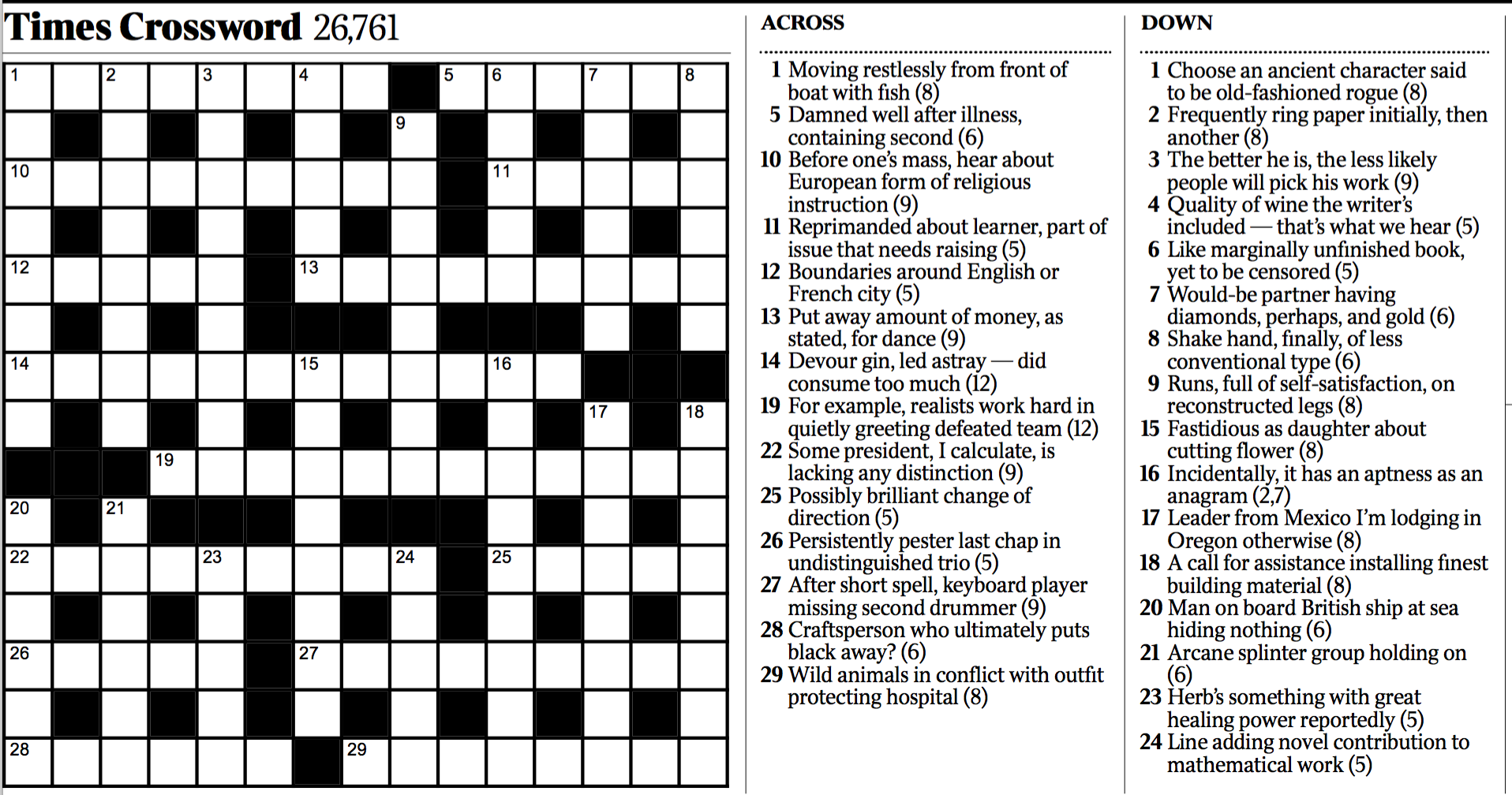 Cryptic crossword puzzle printed in newspaper