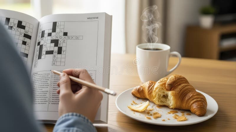 Solver working on crossword puzzle with pen